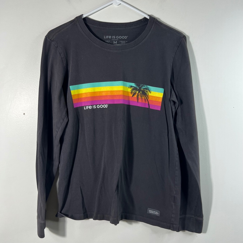 Life is Good Crusher Tee Palm tree Rainbow Long Sleeve Womens Black M Cotton